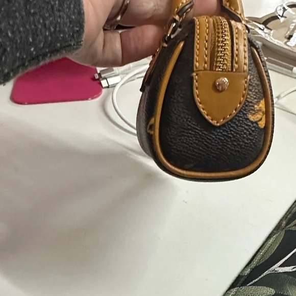 Coach Black Mini Floral Satchel Keychain with Mustard Trim - Picture 4 of 5